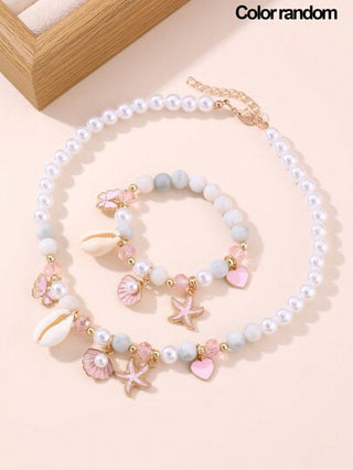 طقم قلادة وأساور ثنائي مكون من لؤلؤ واصداف الفراشة والنجمة البحرية للبنات