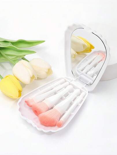 5 قطع معها مرآة، 1 طقم فرش مكياج بنقشة الصدفة البيضاء، مع مرآة، طقم فرش مكياج صغيرة محمولة، طقم فرش مكياج محمول مع مرآة، طقم فرش مكياج في علبة، متعدد الوظائف لمساحيق الأساس والباديكير والبراي، أتى في علبة مع مرآة