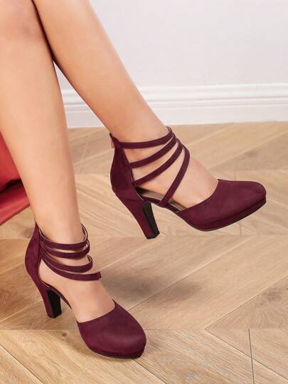 أحذية كعب عالي للسيدات بسير الكاحل ، تصميم شبكي ، زخرفة سير متعرج ، نعل سميك ، رأس مستدير ، من الجلد المدبوغ ، قابل للتهوية ، للارتداء الرسمي ، باللون البرغندي ، كعب نموذج المنصة ، أحذية عرس ذات كعب عالي ، أحذية كعب عالي لعيد الميلاد
