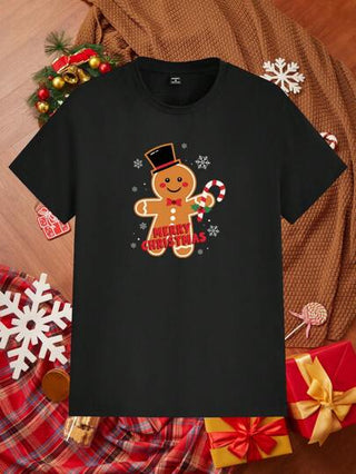 Manfinity Homme تي شيرت رجالي أسود ذو أكمام طويلة بطباعة رجل الزنجبيل عيد الميلاد المجيد