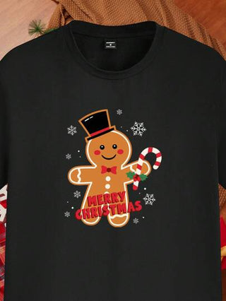 Manfinity Homme تي شيرت رجالي أسود ذو أكمام طويلة بطباعة رجل الزنجبيل عيد الميلاد المجيد
