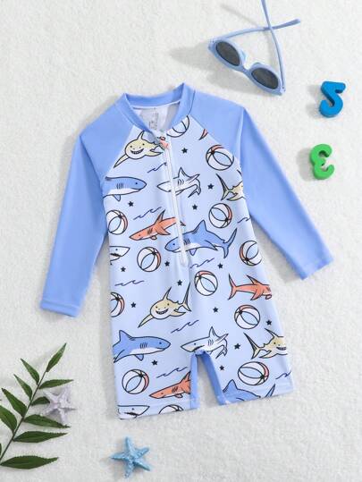 مايوه أولادي بدلة سباحة كاجوال للأطفال الرضع الصبيان باللون الأحادي مع سحاب أمامي طويلة الأكمام