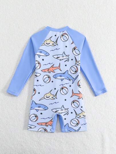 مايوه أولادي بدلة سباحة كاجوال للأطفال الرضع الصبيان باللون الأحادي مع سحاب أمامي طويلة الأكمام