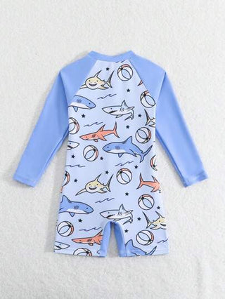 مايوه أولادي بدلة سباحة كاجوال للأطفال الرضع الصبيان باللون الأحادي مع سحاب أمامي طويلة الأكمام