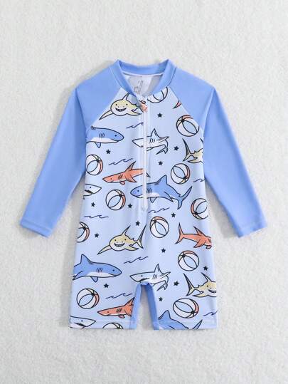 مايوه أولادي بدلة سباحة كاجوال للأطفال الرضع الصبيان باللون الأحادي مع سحاب أمامي طويلة الأكمام