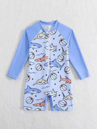 مايوه أولادي بدلة سباحة كاجوال للأطفال الرضع الصبيان باللون الأحادي مع سحاب أمامي طويلة الأكمام