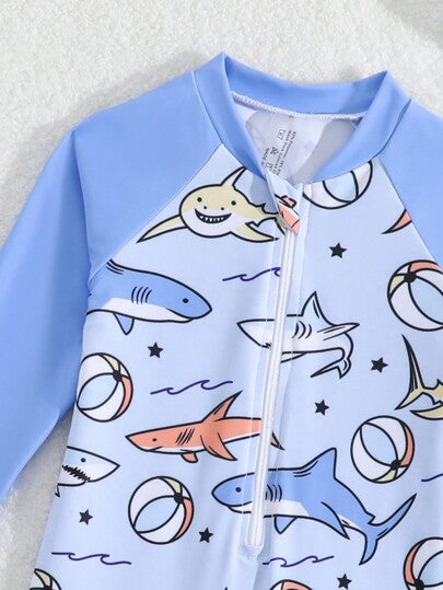 مايوه أولادي بدلة سباحة كاجوال للأطفال الرضع الصبيان باللون الأحادي مع سحاب أمامي طويلة الأكمام