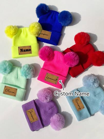 (مخصص) 1 قطعة ملصق جلدي مزخرف بالليزر شخصي، كرة صوفية قبعة صوف مضفر للأطفال، لون الدوبامين، مناسب للارتداء اليومي وهدية عيد الحب وعودة إلى المدرسة في فصل الشتاء للأولاد والبنات