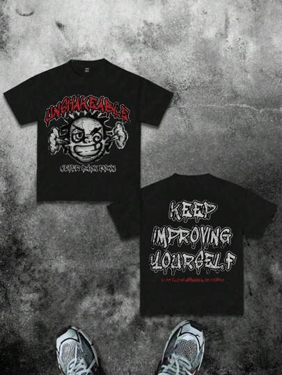 SHEIN تي شيرت بأكمام قصيرة لفتيان المراهقين ذو طبعة كاجوال بطباعة الرسوم الجرافيتية على الوجه والحروف، ملائم للصيف