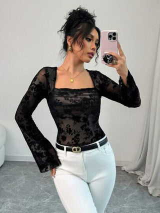 Elenzga قميص أنيق بأكمام طويلة وياقة مربعة من الشبك المزخرف بالزهور للنساء في الربيع
