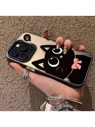 قطعة واحدة غطاء هاتف سيليكون ناعم بصورة قطة سوداء بفيونكة وردية، واقي كامل صدمات متوافق مع آيفون 16 برو ماكس/ 15/ 13/ 12/ 11