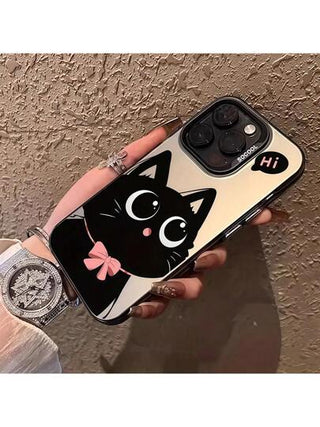 قطعة واحدة غطاء هاتف سيليكون ناعم بصورة قطة سوداء بفيونكة وردية، واقي كامل صدمات متوافق مع آيفون 16 برو ماكس/ 15/ 13/ 12/ 11