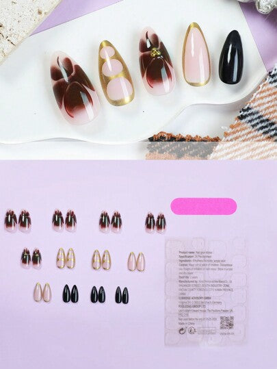 24 قطعة من أظافر البدل شبه الوردية اللون البني والذهبي ، أظافر صناعية كاملة للتغطية للنساء والفتيات