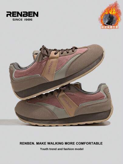RENBEN زوج من الحذاء الرياضي النسائي عالي الجودة ذو رقبة قصيرة مصنوع من جلد الغزال مع بطانة فرو