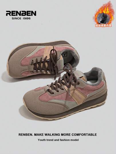 RENBEN زوج من الحذاء الرياضي النسائي عالي الجودة ذو رقبة قصيرة مصنوع من جلد الغزال مع بطانة فرو