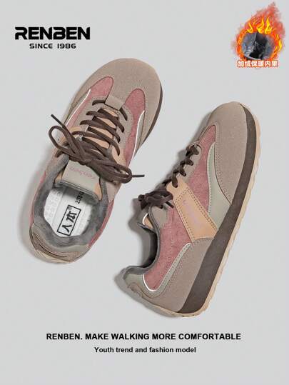 RENBEN زوج من الحذاء الرياضي النسائي عالي الجودة ذو رقبة قصيرة مصنوع من جلد الغزال مع بطانة فرو