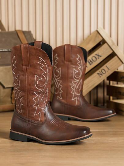 بوت أنكل جلد سوشيل مطرز للرجال، موضة موسمية على الطراز البريطاني الأنيق، بوت عالية الرقبة مصنوعة من جلد مصنع للاستخدام الخارجي