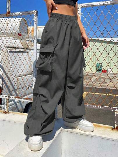 1 قطعة بنطلون سراويل عسكرية فضفاضة مع جيوب وحبل جانبي للفتيات المراهقات، مناسب للربيع والصيف والخريف والشتاء