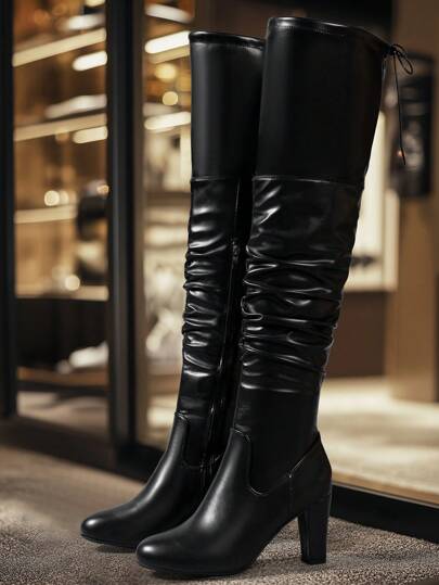 بوت نسائية ذات كعب سميك باللون الأسود، مع تصميم مطوي، وسحاب جانبي وتصميم ساق مربوطة، مريحة ومقاومة للماء من النوع الثلاثي الطول، مناسبة لأسلوب الدراجات النارية، مناسبة للاستخدام في فصول الربيع والخريف والشتاء