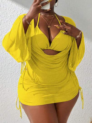 SHEIN Slayr CURVE 4 قطع مجموعة بكامل الحجم من تانكيني عنق رباط + غطاء فضفاض ذو رقبة على شكل V بأكمام طويلة وسحاب + تنورة قصيرة جدا للغطاء بسحاب ملابس شاطئية صيفية للعطلات
