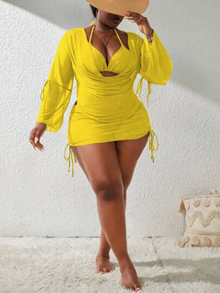 SHEIN Slayr CURVE 4 قطع مجموعة بكامل الحجم من تانكيني عنق رباط + غطاء فضفاض ذو رقبة على شكل V بأكمام طويلة وسحاب + تنورة قصيرة جدا للغطاء بسحاب ملابس شاطئية صيفية للعطلات