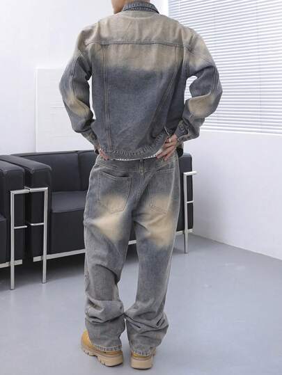 Manfinity Hypemode طقم بنطال جينز وبلوزة بأكمام طويلة بأزرار أمامية واللون المتباين مقاسات كبيرة للرجال