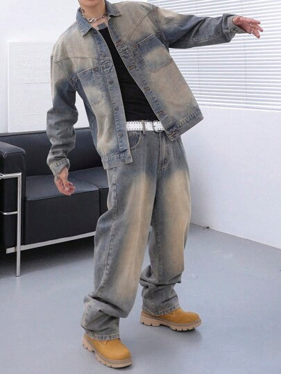 Manfinity Hypemode طقم بنطال جينز وبلوزة بأكمام طويلة بأزرار أمامية واللون المتباين مقاسات كبيرة للرجال