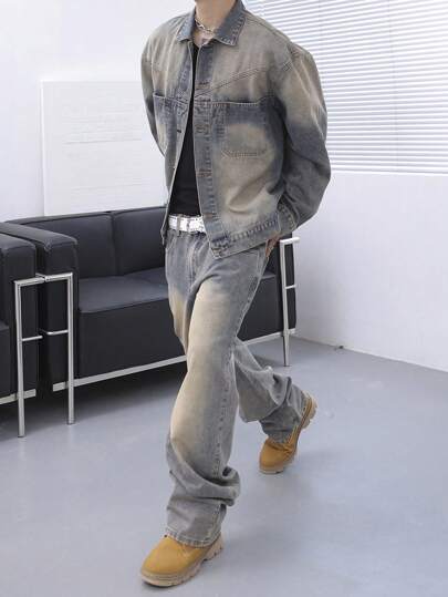 Manfinity Hypemode طقم بنطال جينز وبلوزة بأكمام طويلة بأزرار أمامية واللون المتباين مقاسات كبيرة للرجال
