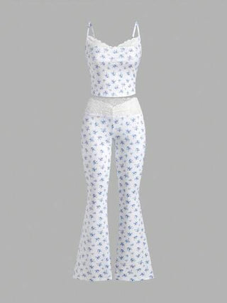 طقم حريمي قطعتين EZwear طقم بلوزة كامسول وبنطلون طويل مزين بالدانتيل برسومات الفهد، 2 قطعة، للنساء، لعيد الحب