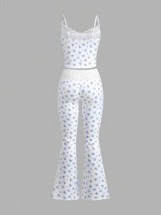 طقم حريمي قطعتين EZwear طقم بلوزة كامسول وبنطلون طويل مزين بالدانتيل برسومات الفهد، 2 قطعة، للنساء، لعيد الحب