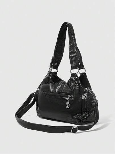 ROMWE Grunge Punk حقيبة كتف/يد نسائية جديدة من طراز البنك روك الشيك، حقيبة يد نسائية للدراجات النارية الداكنة