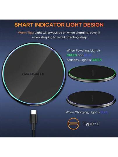 شاحن لاسلكي سريع، وسادة شحن لاسلكي بقدرة تصل إلى 15 وات، متوافق مع هواتف آيفون 16/15/14/13/12/SE/11/11 بروو/XS ماكس/XR/X/8؛ وسادة شحن لاسلكي لهواتف جالكسي S23/S22/نوت وهواتف بيكسل/G8 7، مناسب للمكتب والمنزل والمزل الجامعي