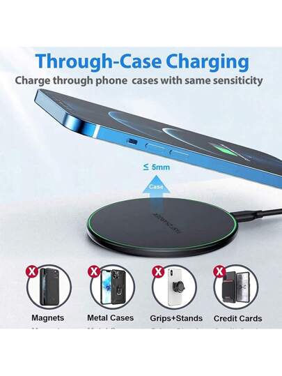 شاحن السلكي سريع، قاعدة شحن السلكي بسعة 15 واط كحد أقصى متوافقة مع هواتف آيفون 16/15/14/13/12/SE/11/11 Pro/XS Max/XR/X/8 والأيربودز ؛ وحصيرة الشحن اللاسلكية لهواتف سامسونج جالكسي S23/S22/Note وهواتف بيكسل/G8 7