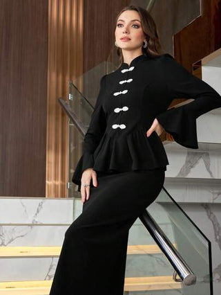 Modelyn فستان نسائي أنيق متوسط الطول ذو ياقة عالية مطوي عند الخصر بأزرار صينية مطرزة، فستان أنيق وطويل للنساء