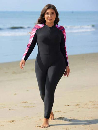 Swim Shayni طقم ملابس سباحة قطعة واحدة مطبوعة مفتوحة من الأمام مع غطاء وتنورة، مناسبة للمقاسات الكبيرة، للصيف والشاطئ