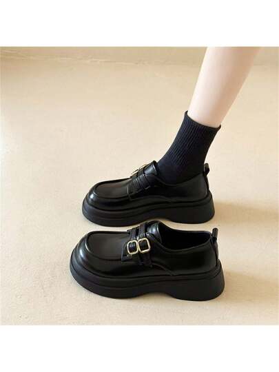 أحذية أوكسفورد حريمي أحذية ماري جين البريطانية للنساء، حذاء انكليزي كاجوال مرتفع الكعب مزود ببكلة، أوكسفورد ربيعي وخريفي جديد، أحذية جلد مسطحة
