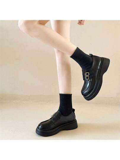 أحذية أوكسفورد حريمي أحذية ماري جين البريطانية للنساء، حذاء انكليزي كاجوال مرتفع الكعب مزود ببكلة، أوكسفورد ربيعي وخريفي جديد، أحذية جلد مسطحة