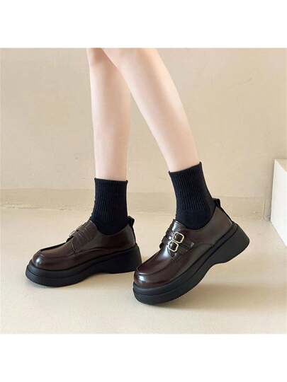 أحذية أوكسفورد حريمي أحذية ماري جين بالطراز البريطاني للنساء، أكسفورد جديد للربيع/الخريف بحزام وبُنية عالية، أحذية جلدية كاجوال
