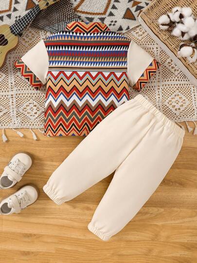 2 قطعة بيجاما أولاد أطفال بنمط هندسي، طقم ملابس علوية واسع الياقة طويل الأكمام وبنطلون، بلون المشمش والأحمر، نسيج ناعم ومريح، مناسب للاستخدام اليومي والعطلات والسفر والمدرسة والتجمعات في الربيع والصيف