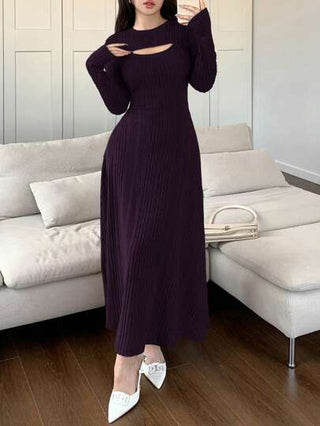 فساتين حريمي Modelyn ثوب أنيق أنثوي طويل كم طويل رقبة دائرية لون أحادي مزين بتفاصيل محفورة وضلوع، فستان سهرة طويل