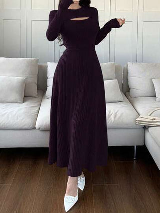 فساتين حريمي Modelyn ثوب أنيق أنثوي طويل كم طويل رقبة دائرية لون أحادي مزين بتفاصيل محفورة وضلوع، فستان سهرة طويل