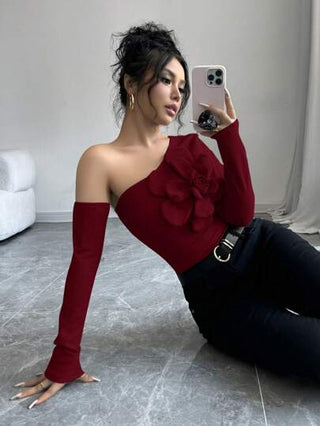 Elenzga تي شيرت طويل الأكمام مع زخرفة الكتف المائل وزهرة ثلاثية الأبعاد أنيق للنساء، للخريف/الشتاء