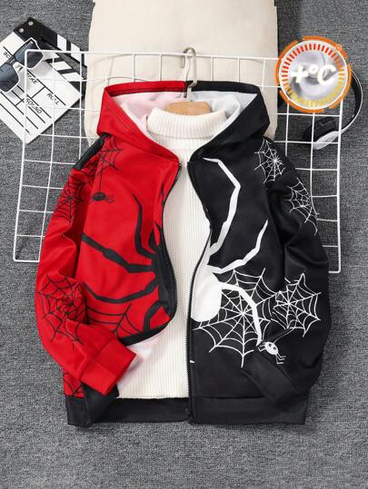 معطف كروشيه بأكمام طويلة مطبوع عليه شبكة العنكبوت والعنكبوت للأطفال/المراهقين الصبية ، أحمر وأسود ، مناسب للتنقل والمدرسة والأوقات العادية والإجازات والرياضة والربيع والصيف والخريف والشتاء