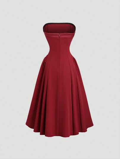 Sweetra فستان نسائي أنيق، بدون أكمام، باللون البوردو القطعة الواحدة، قصة جسم، لون سادة