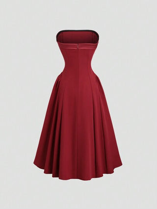 Sweetra فستان نسائي أنيق، بدون أكمام، باللون البوردو القطعة الواحدة، قصة جسم، لون سادة