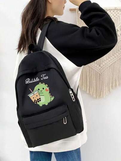 حقيبة ظهر مزينة بنقشة الضفدع والشاي اللؤلؤي، يمكن استخدامها كحقيبة تخزين عالمية لحفظ سماعات الرأس وبطاريات الطاقة والكابلات وال كتب وأقلام وأجهزة الكمبيوتر، مناسبة للأعمال والسفر والمدرسة والجامعة والمكتب، متطلبات السفر الأساسية