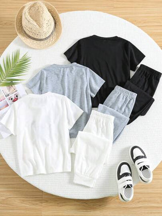 6 أطقم تي شيرت وبنطلون مكون من قطعتين للأولاد الصغار، طباعة حروف مبسطة، مناسب للذهاب للمدرسة والاستعمال اليومي العادي وحفلات العودة للمدارس والأعراس والمعمودية في فصلي الخريف والشتاء