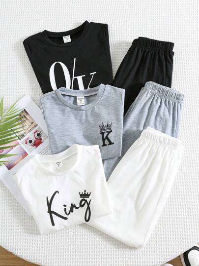 6 أطقم تي شيرت وبنطلون مكون من قطعتين للأولاد الصغار، طباعة حروف مبسطة، مناسب للذهاب للمدرسة والاستعمال اليومي العادي وحفلات العودة للمدارس والأعراس والمعمودية في فصلي الخريف والشتاء