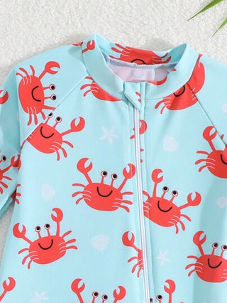 مايوه أولادي بدلة سباحة كاملة للأطفال الرضع الذكور من عمر 6-9 شهور، مطبوعة برسوم كرتونية على شكل سرطان بأكمام طويلة