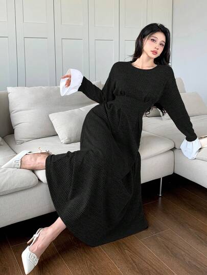 Mulvari فستان نسائي أنيق للشتاء، متباين اللون مع كشكشة في الخصر وأكمام ضيقة مطوية للأسفل، لفصل الخريف